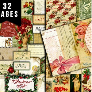 Christmas Junk Journal Kit - Christmas List -32Pg Instant Download - vintage junk journal, Christmas Journal pages, diy journal, ephemera