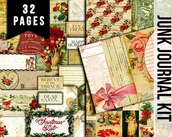 Christmas Junk Journal Kit - Christmas List -32Pg Instant Download - vintage junk journal, Christmas Journal pages, diy journal, ephemera