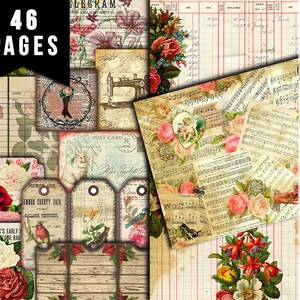 Printable Junk Journal Kit, Journaling Pages & Ephemera Bundle #12 -46pg Digital Download- Tags, Envelopes, Library Cards, Vintage Postcards