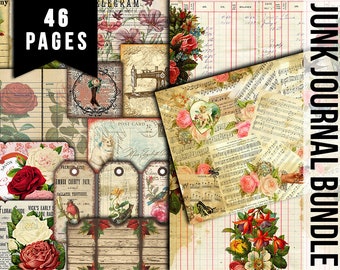 Printable Junk Journal Kit, Journaling Pages & Ephemera Bundle #12 -46pg Digital Download- Tags, Envelopes, Library Cards, Vintage Postcards