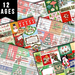 Retro Christmas, Junk Journal Pages -12pg Digital Download- Printable Lined Paper, Ephemera Background, Santa digital background, Xmas Kit