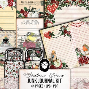 Junk Journal Christmas Printable, Ephemera Bundle -44pg Digital Download- Rose Digital Paper, Postcards, Journaling Cards, Jars, Calendar