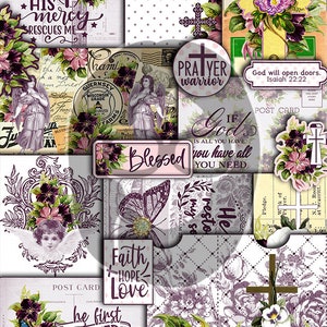 May include: A digital collage of images with a religious theme. The collage features images of crosses, butterflies, angels, flowers, and text such as "His mercy rescues me", "Prayer warrior", "Blessed", "Faith, Hope, Love", and "He first loved us".