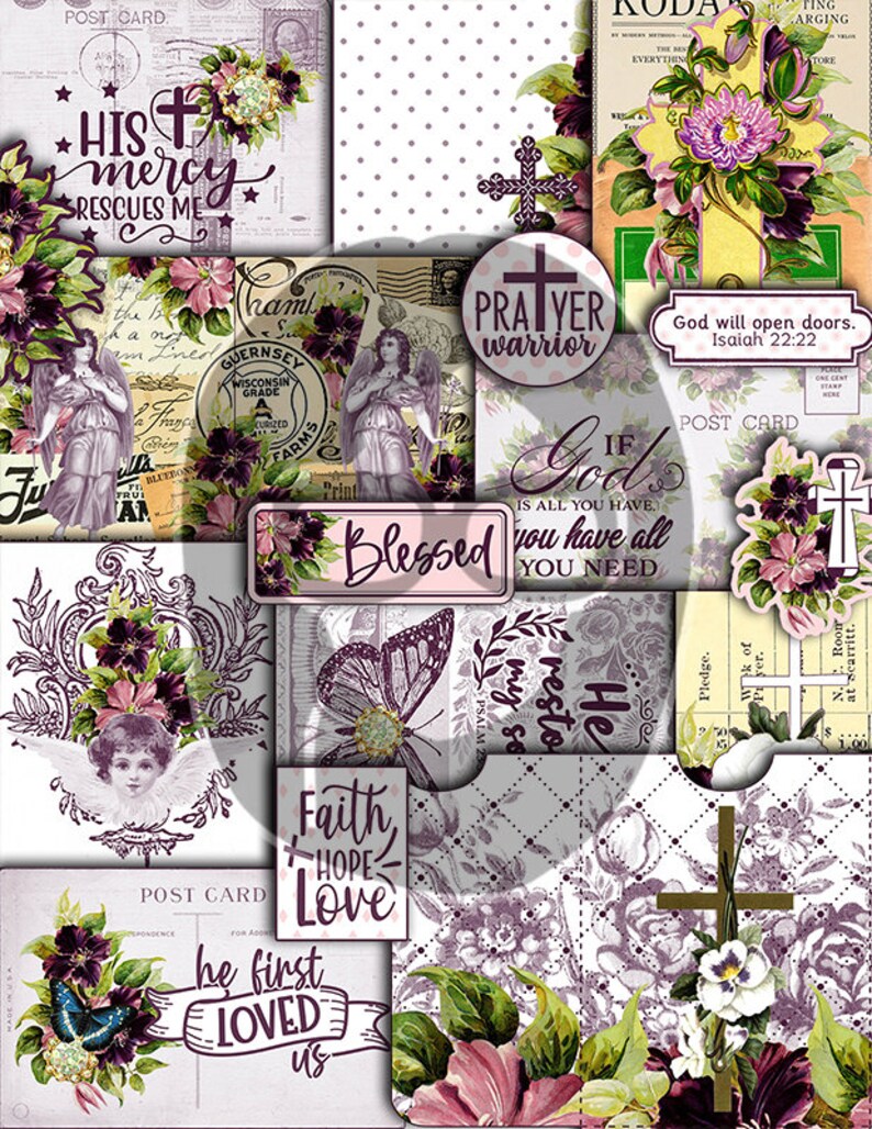 May include: A digital collage of images with a religious theme. The collage features images of crosses, butterflies, angels, flowers, and text such as "His mercy rescues me", "Prayer warrior", "Blessed", "Faith, Hope, Love", and "He first loved us".