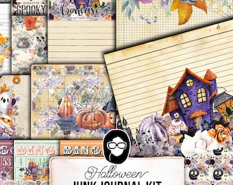 May include: A Halloween themed junk journal kit with 40 pages. The kit includes a variety of papers with spooky images, including a haunted house, pumpkins, and ghosts. The kit also includes a calendar page, a bingo card, and a page with the text "Beware, Enter at Your Own Risk".