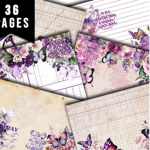 Bible Devotional, Prayer Journal Printable -36pg Digital Download- Purple Butterflies Paper, Christian Affirmations, Jesus Quotes, Faith Kit