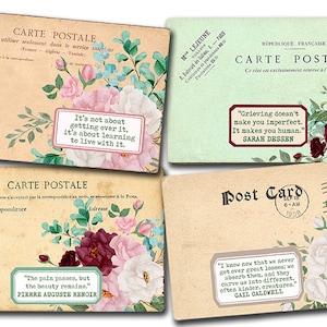 Grief Journal Printable, Postcard Vintage, S18 -2pg Digital Download- For Junk Journaling, Grief Affirmation Cards, Grief Message, Quotes