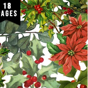 Fussy Cut Christmas Ephemera, Poinsettia Clipart -18pg Digital Download- Red Holly Berries, Paper Crafting Ephemera, Collage Sheets, Vintage