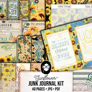 Printable Journal Bundle, Sunflower Digital Paper -40pg Digital Download- Affirmations Kit, Positive Quotes, Journaling Ephemera, For Women