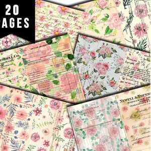 Junk Journal Pages, Scrapbook Paper, S82 -20pg Digital Download- Mixed Media, Ephemera Background, Collage Sheets Printable, Spring Flowers
