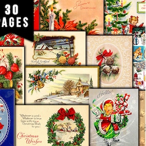 Printable Christmas Ephemera, Junk Journal Pages -30pg Digital Download- Poinsettia bouquet, Retro Santa, Scrapbook Ephemera Pack, Antique