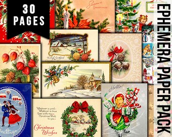 May include: A digital paper pack with 30 pages of vintage Christmas images. The images feature a variety of holiday themes, including snow scenes, Christmas trees, and holiday greetings. The images are in a variety of colors, including red, green, white, and blue.