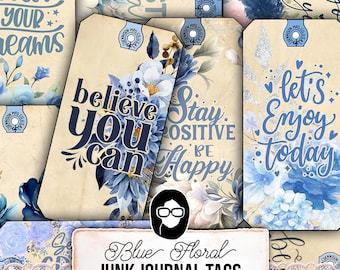 Blue Junk Journal Tags, Journaling Tags -3pg Instant Download- Motivational Quotes, Vintage Printable Tags for Junk Journals, Ephemera Kit