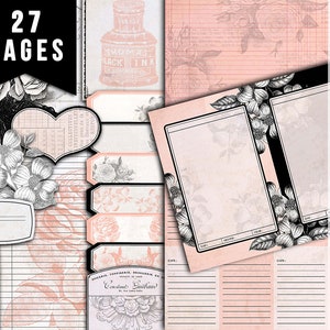 May include: A digital printable junk journal kit with 27 pages featuring black and white floral illustrations, pink and white patterned paper, and blank journal pages. The kit includes a title page with the text "JUNK JOURNAL KIT" and "27 PAGES".