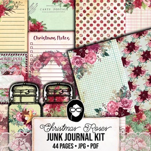 Pink Christmas, Junk Journal Kit, Ephemera Bundle -44pg Digital Download- Rose Digital Paper, Postcards, Journaling Cards, Jars, Calendar