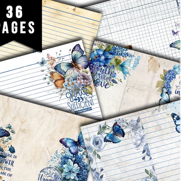 Bible Journaling Printables, Junk Journal Pages -36pg Digital Download-Blue Butterfly, Christian Verses, Devotional Kit, Faith Encouragement