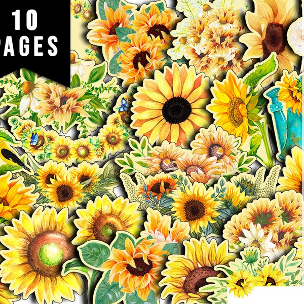 Sunflower Clipart, Fussy Cut Flowers -10pg Digital Download- Floral Ephemera Packs, Collage Sheet Printable,Scrapbook Cutouts, Sunflower Art