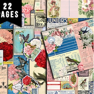 Travelers Notebook, Junk Journal Kit -  Birds, Bees & Peonies - 22 Digital Download - Printable travellers notebook, fauxdori insert