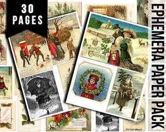Printable Christmas Ephemera, Junk Journal Pages -30pg Digital Download- Poinsettia bouquet, Retro Santa, Scrapbook Ephemera Pack, Antique