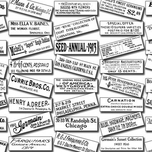May include: A collage of vintage seed company advertisements from 1912-1914. The ads feature black and white text on a white background, with company names, addresses, and product descriptions. Some ads include illustrations of flowers and plants.