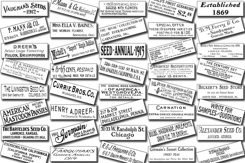 May include: A collage of vintage seed company advertisements from 1912-1914. The ads feature black and white text on a white background, with company names, addresses, and product descriptions. Some ads include illustrations of flowers and plants.