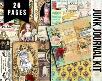 French Junk Journal, Paper Pack -25pg Digital Download- Paris printable, Parisian, with lined pages, French Ephemera, Collage Kit Travel
