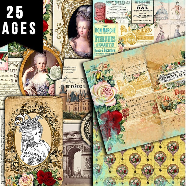 French Junk Journal, Paper Pack -25pg Digital Download- Paris printable, Parisian, with lined pages, French Ephemera, Collage Kit Travel