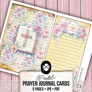 K&ouml;nnte beinhalten: Pastellfarbene florale Gebetskarten mit Kreuz- und Bibeldruck. 5 Seiten, JPG- und PDF-Format.