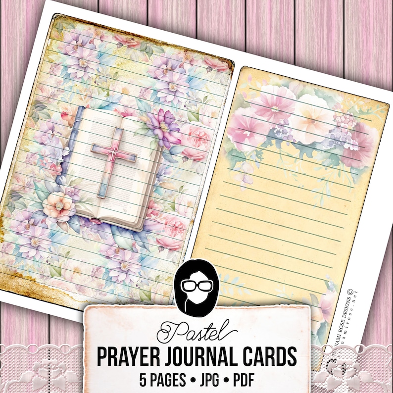 K&ouml;nnte beinhalten: Pastellfarbene florale Gebetskarten mit Kreuz- und Bibeldruck. 5 Seiten, JPG- und PDF-Format.