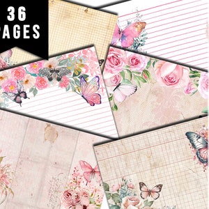 Junk Journal Pages, Butterfly Journal Printable -36pg Digital Download- Pink Digital Paper, Ephemera Background, Collage Sheets Printable