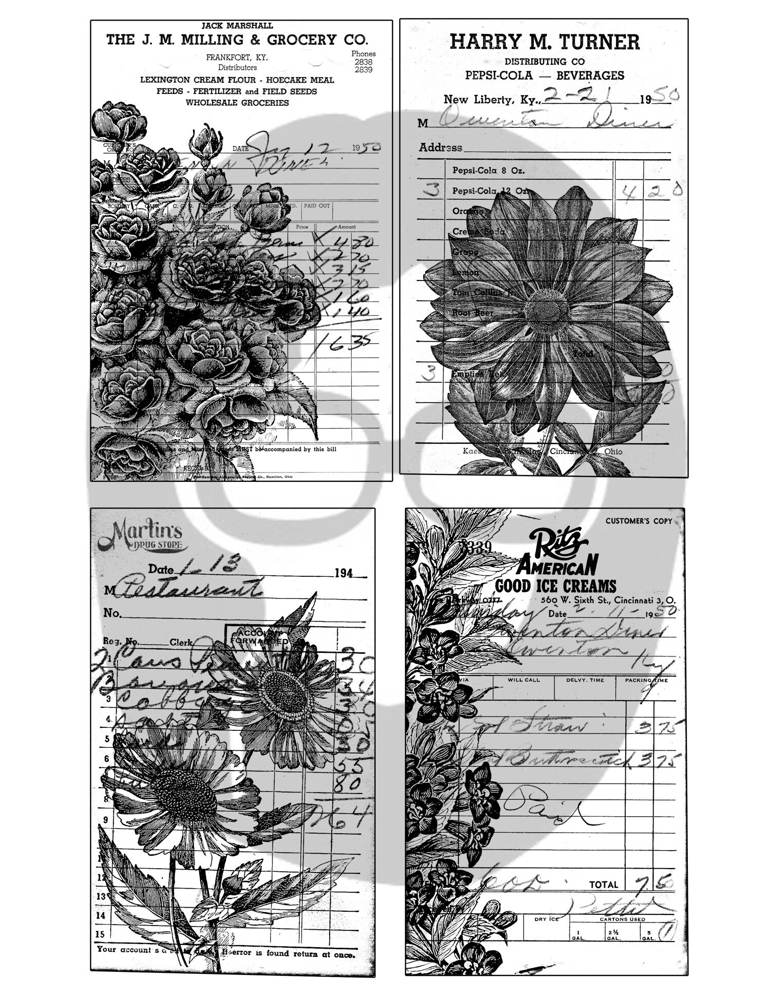 printable vintage receipts set 2 black white 3 pg instant
