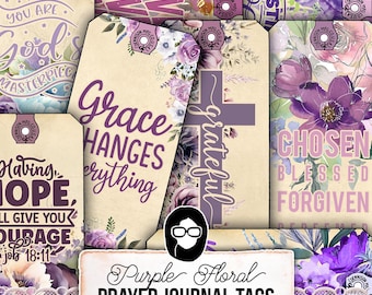 Purple Junk Journal Tags,Prayer Journal Digital, Journaling Tags -3pg Instant Download-Bible Verse Cards,Vintage Printable Tags,Ephemera Kit