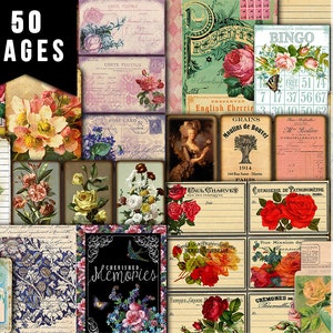 Ephemera Bundle, Printable Journal Bundle #22 -50pg Digital Download- Tags, Note Cards, Envelopes, For Junk Journaling, Shabby Vintage Art