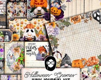 May include: A digital printable junk journal kit featuring Halloween gnomes, pumpkins, ghosts, and other spooky elements. The kit includes 40 pages in JPG and PDF formats.