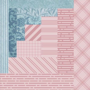 May include: A patchwork design with a mix of blue and pink patterns. The design incorporates floral, striped, plaid, and grid patterns, creating a visually interesting and textured composition. The colour palette is soft and inviting.