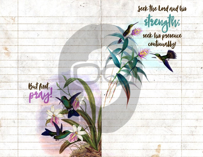 Pode incluir: Uma ilustra&ccedil;&atilde;o em aquarela de beija-flores e flores com o texto "But first, pray!" e "Seek the Lord and his strength, seek his presence continually!"