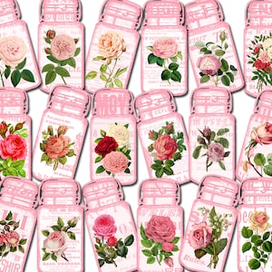 Pink Roses Mason Jar Printable - Small Mason Jar Set #3 - 2 Page Instant Download - vintage mason jar, digital journal kits
