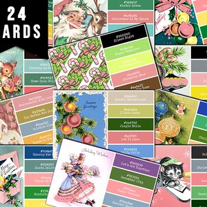 Paint Sample Cards, Pink Retro Christmas -6pg Digital Download- Junk Journal Cards, Printable Notecards, Old Fashioned Christmas, Ephemera