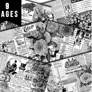 Monochrome Journal Printable, Junk Journal Pages -9 Pg Instant Downloads- Ink Saver, Stamp Papers, Journaling Paper, DIY Kit, Vintage Ads