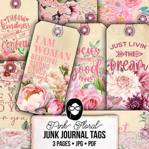 Pink Junk Journal Tags, Journaling Tags -3pg Instant Download- Motivational Quotes, Vintage Printable Tags for Junk Journals, Ephemera Kit