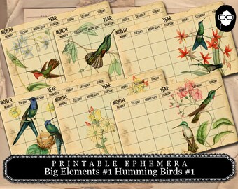 Printable Calendar - Big Elements #1 Hummingbird Calendar #1 - 3 Pg Instant Download - ephemera paper pack, journaling kit, art journal card