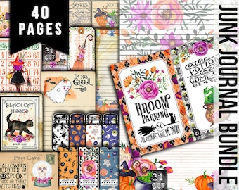 May include: A digital printable junk journal kit with 40 pages featuring a Halloween theme. The pages include illustrations of witches, cats, ghosts, pumpkins, and other spooky elements. The text on the pages includes phrases like "Black Cat Hisses", "I'm His Ghoul", "Broom Parking", and "The Potion Cafe Comes for a Spell".