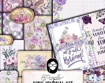 Purple Junk Journal Kit, Printable Journal Bundle -40pg Digital Download- Affirmations Kit, Positive Quotes, Journaling Ephemera, For Women
