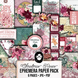 Pink Christmas Printable, Ephemera Fussy Cuts -6pg Digital Download- Junk Journal DIY Kit, Pockets, Envelopes, Labels, Tags, Cards, Titles