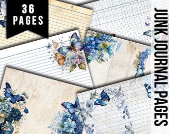 Junk Journal Pages, Butterfly Journal Printable -36pg Digital Download- Blue Digital Paper, Ephemera Background, Collage Sheets Printable