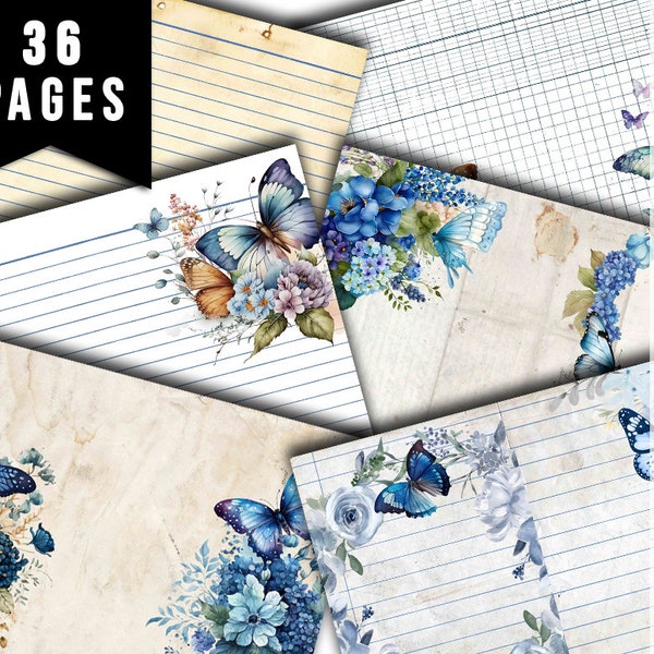 Junk Journal Pages, Butterfly Journal Printable -36pg Digital Download- Blue Digital Paper, Ephemera Background, Collage Sheets Printable