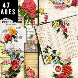 Junk Journal DIY Kit, Printable Journal Bundle #17 -47pg Digital Download- Vintage Roses Pages, Shabby Chic Tags, Postcards, Note cards