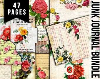 May include: A digital collage of 47 pages for junk journaling. The pages feature vintage floral illustrations, handwritten text, and ledger paper. The collage is titled "Junk Journal Bundle".