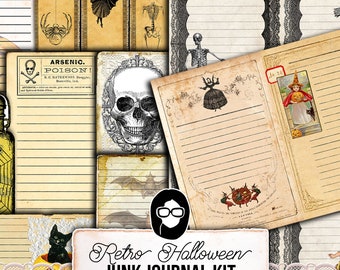 May include: A digital printable junk journal kit with 40 pages featuring a retro Halloween theme. The kit includes images of skeletons, bats, spiders, skulls, and vintage Halloween illustrations. The text "Retro Halloween Junk Journal Kit 40 Pages JPG PDF" is visible at the bottom of the image.