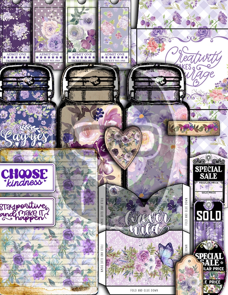 Purple Junk Journal Kit, Printable Journal Bundle -40pg Digital ...